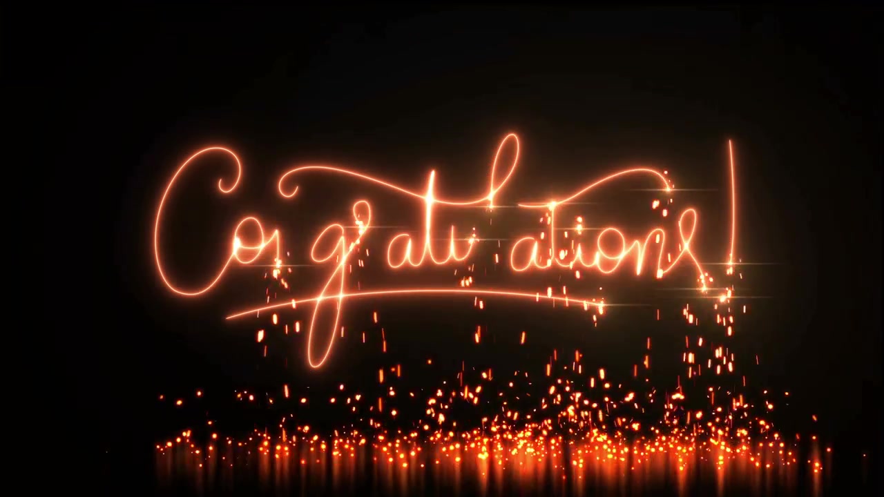 Animazione della parola "Congratulazioni" che si rivela con effetto saldatura a scintilla