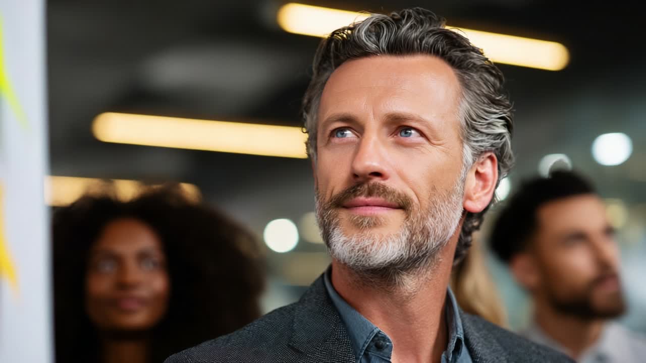 A Thoughtful Man with Silver Hair Contemplates During a Presentation in a Modern Workspace, Surrounded by Enthusiastic Colleagues Eagerly Listening to Ideas and Strategies Being Shared