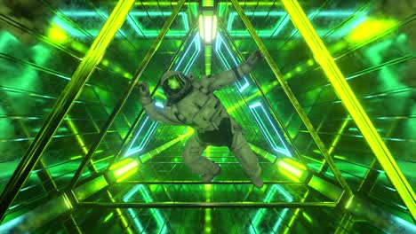astronaut falling in the corridor of a spaceship. sci-fi futuristic space tunnel vj for titles and background. neon light. 4k animation of seamless loop