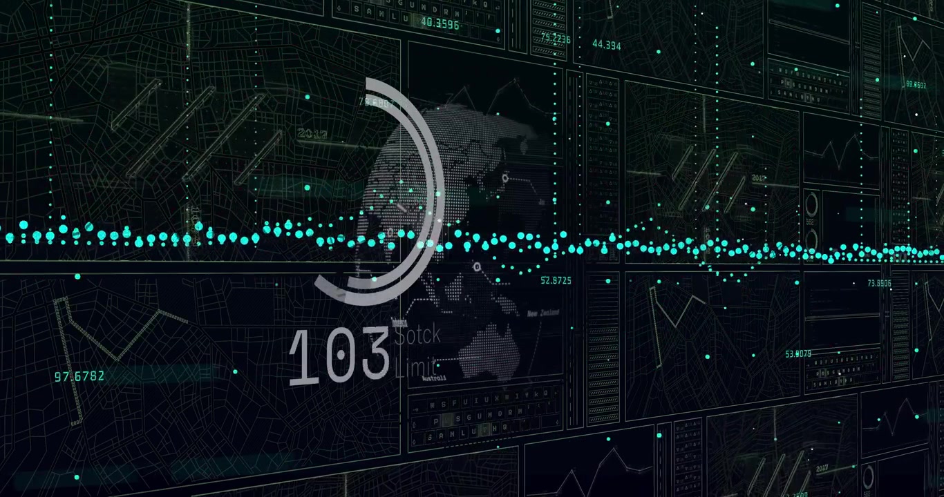 Data feed arriving, globe and gauge rotating, teal points climbing and pulsing, visualizing data