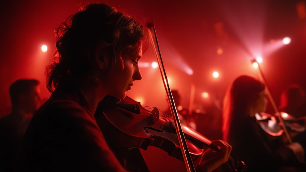 Una performance accattivante che mostra violinisti in un'illuminazione drammatica, immergendo il pubblico in un'atmosfera vibrante di musica e arte sul palco.