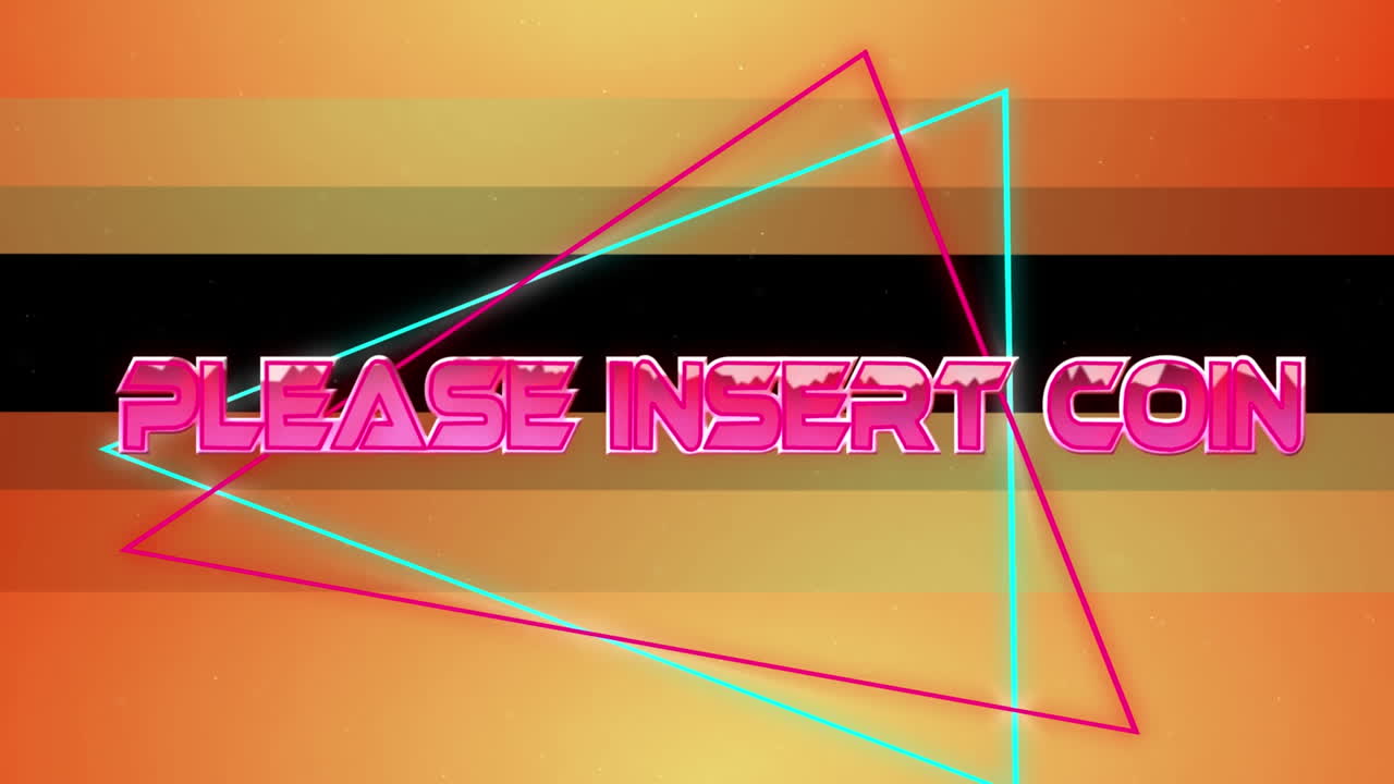 검은 바탕에 네온 모양과 오렌지색 프레임 위에 동전 텍스트를  ⁇ 입하십시오.