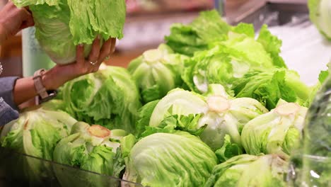 hands carefully pick lettuce heads in a well-lit supermarket setting, highlighting fresh produce selection