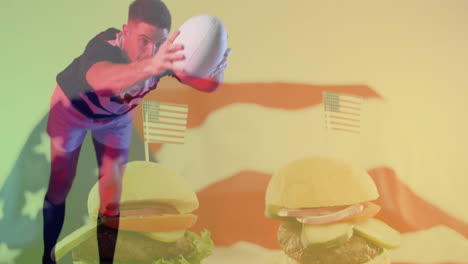 overlaying american flag, person holding soccer ball and burgers with flags