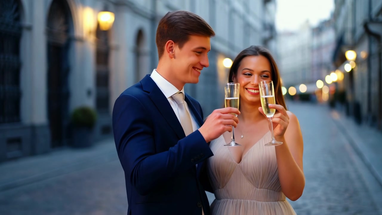 Coppia che brinda con champagne in una strada cittadina al tramonto, coppia di fidanzati che festeggia all'aperto, uomo in abito blu navy