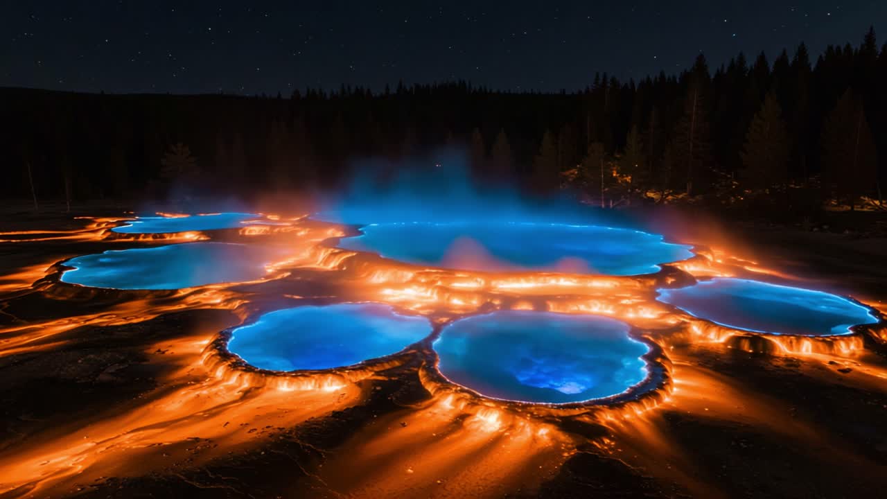 Mesmerizing Scene of Vibrant Thermal Springs at Night Surrounded by Mystical Forest, Showcasing Brilliant Blue and Fiery Orange Colors Under Starry Sky
