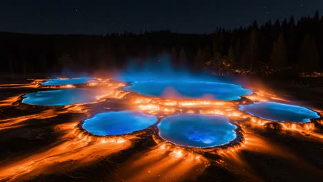 mesmerizing scene of vibrant thermal springs at night surrounded by mystical forest, showcasing brilliant blue and fiery orange colors under starry sky