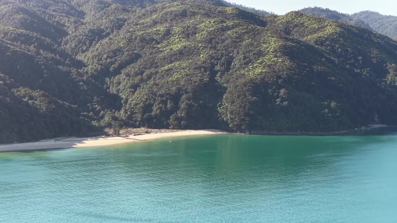 Yeni Zelanda Güney Adası'nda, ormanlık tepelerle çevrili sakin bir plajın ve turkuaz bir koyun drone ile çekilmiş manzaralı hava görüntüsü, kıyı ve doğa manzarası.