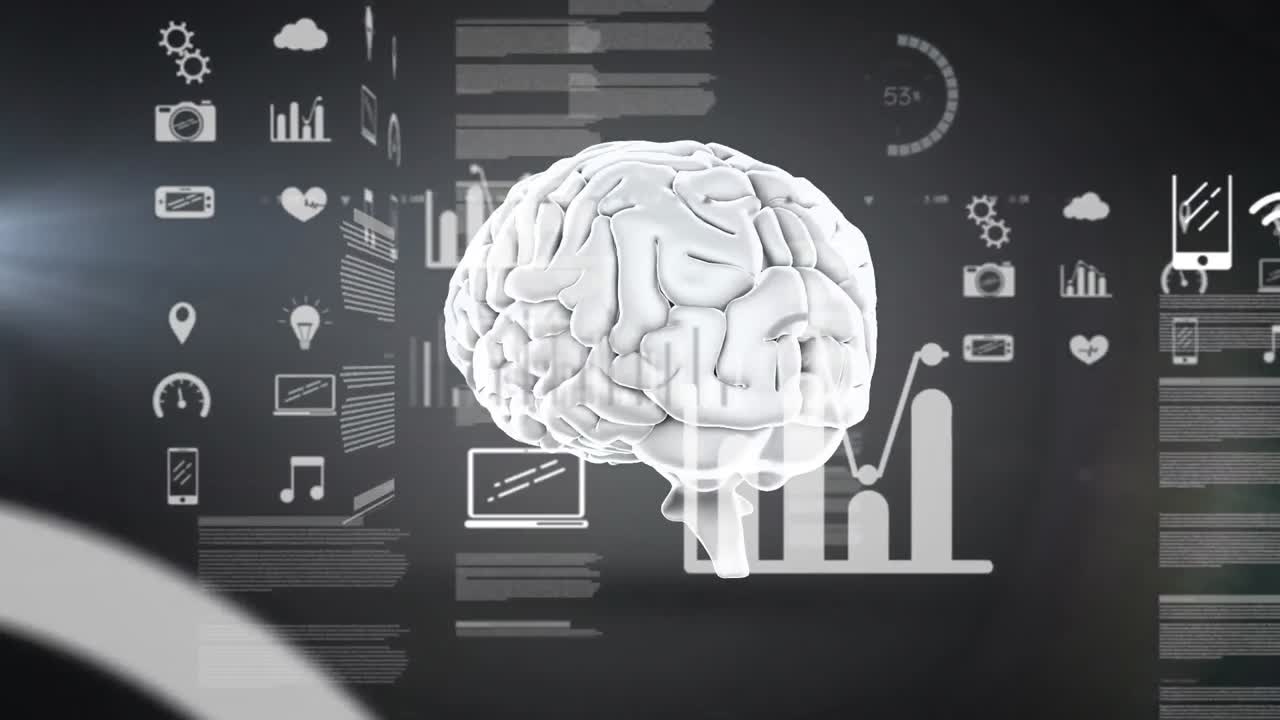 animación del procesamiento de datos sobre el icono del cerebro humano giratorio contra un fondo negro.