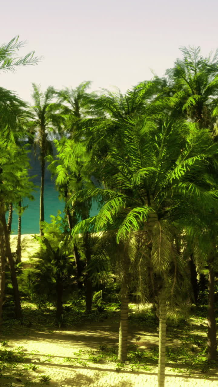 Paesaggio tropicale lussureggiante con palme e acque serene sullo sfondo