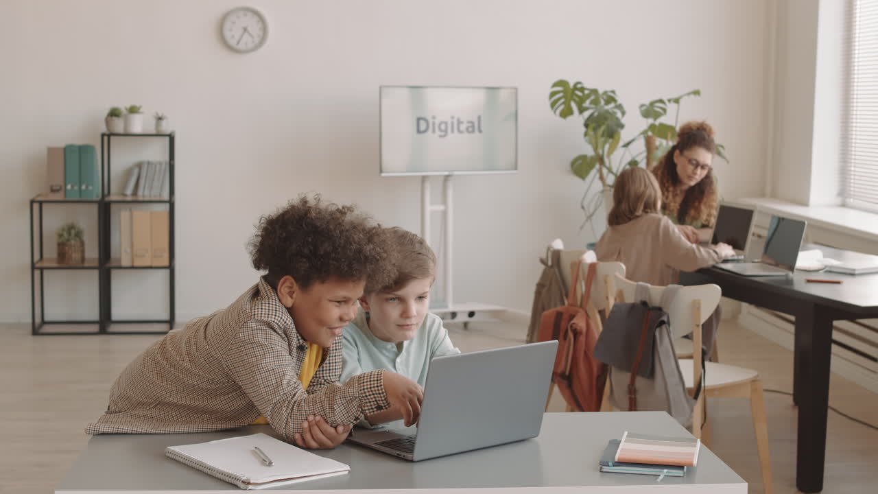 Multiethnic Boys Using Laptop in Classroom