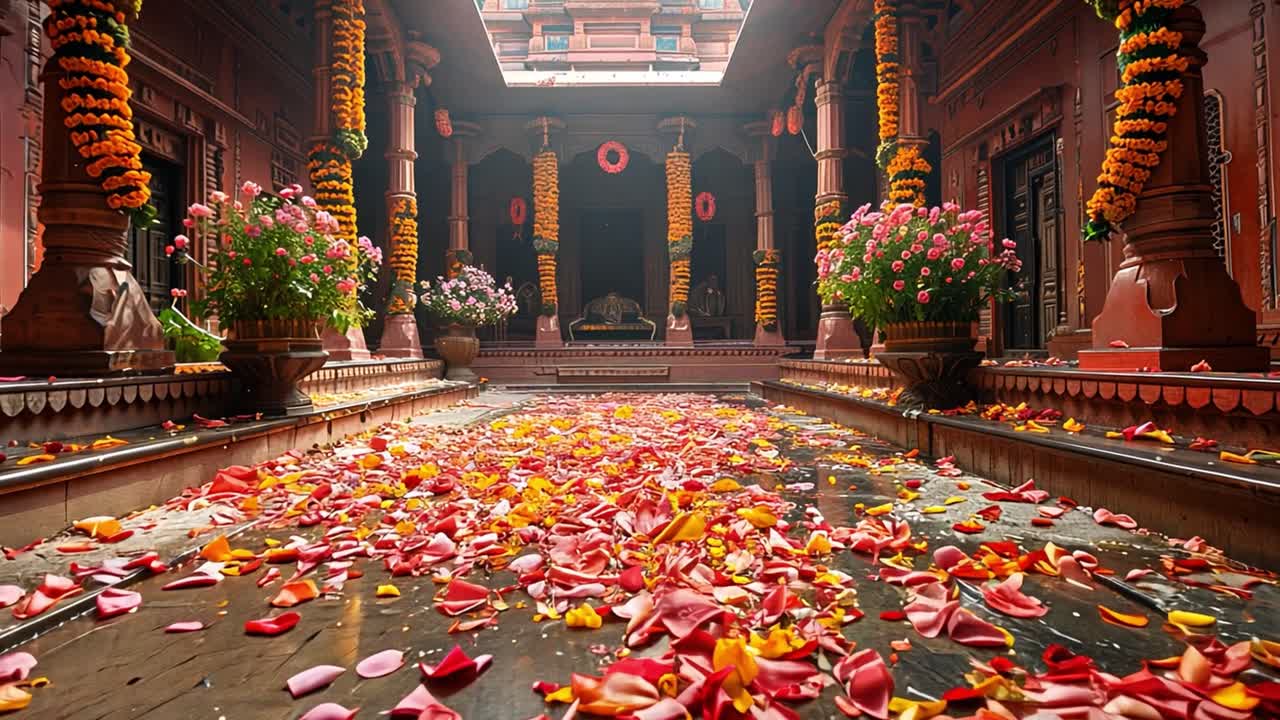 A Sacred Courtyard Adorned with Vibrant Flower Petals and Garlands