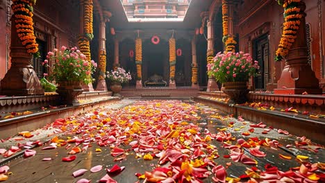 a sacred courtyard adorned with vibrant flower petals and garlands