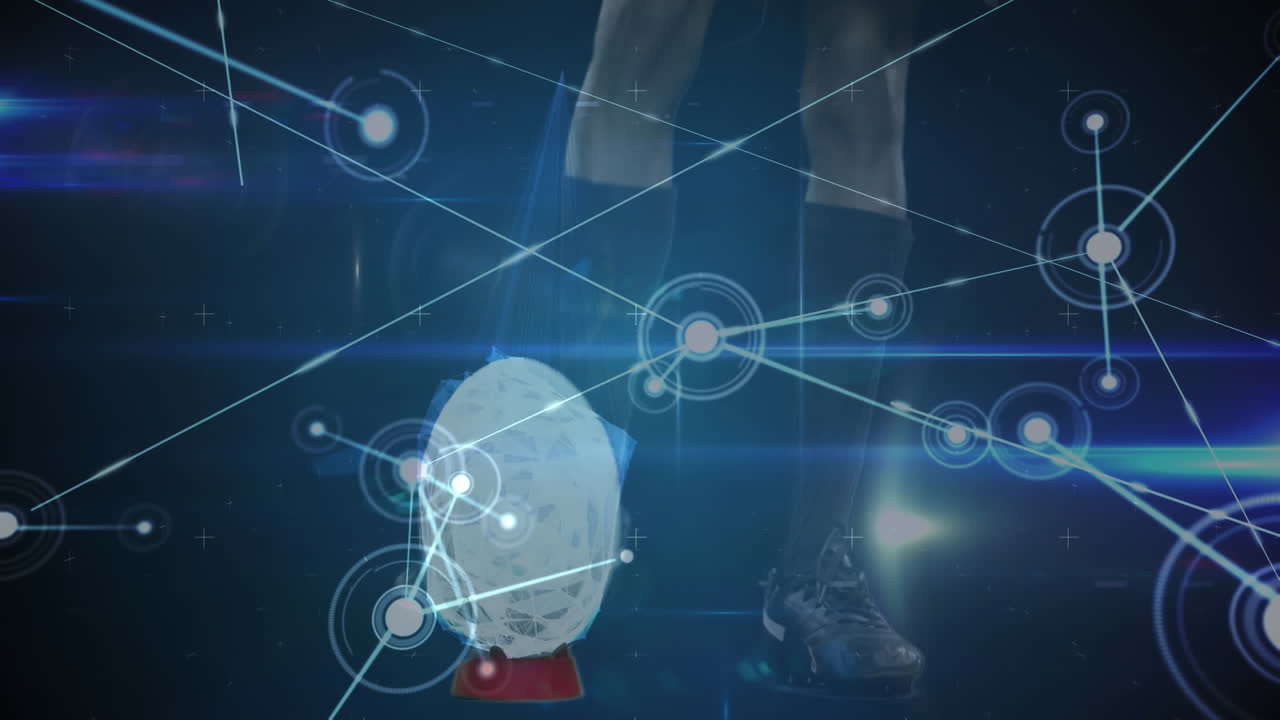 Animation of male rugby player kicking ball and network of connections