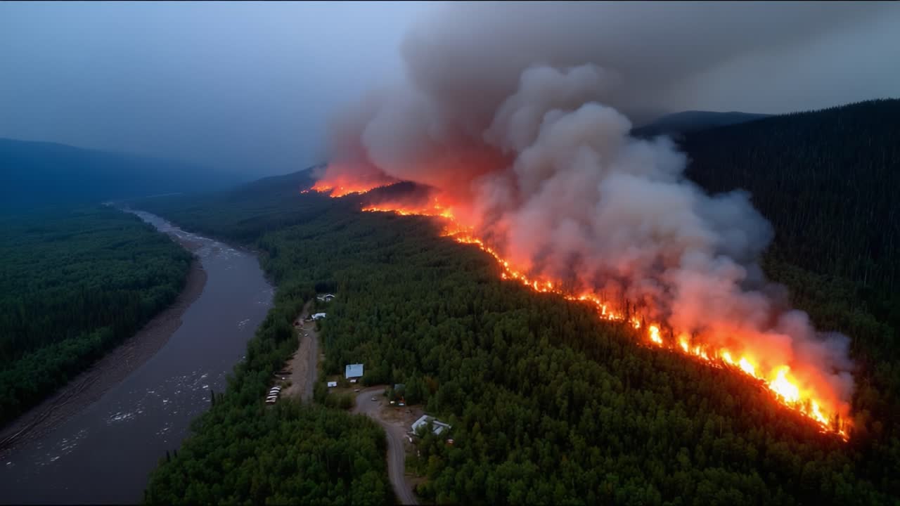 Dramatic Aerial View of a Forest Fire Spreading Along a Riverbank, Showcasing the Intensity of Smoke and Flames Against a Dense Green Landscape