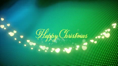 Animation-of-happy-christmas-text-with-glowing-strings-of-fairy-lights-over-green-glowing-background