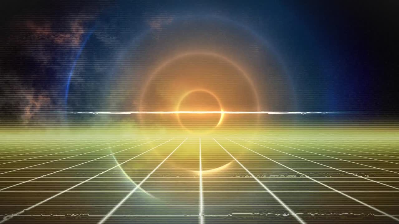 анимация светящихся кругов и волн в синем и желтом пространстве