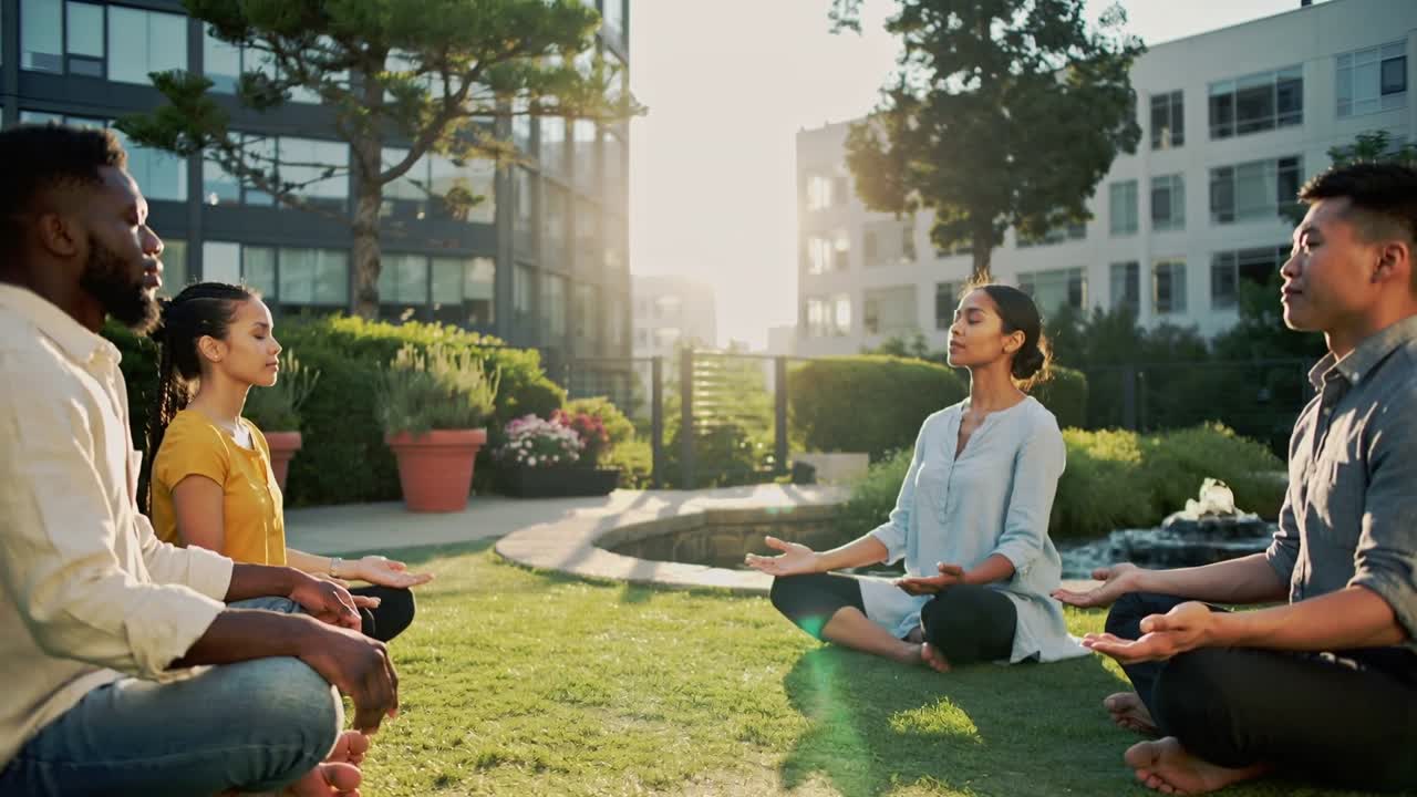 Câmera panorâmica revelando uma mulher de túnica azul-clara guiando uma meditação sentada no gramado, com uma fonte