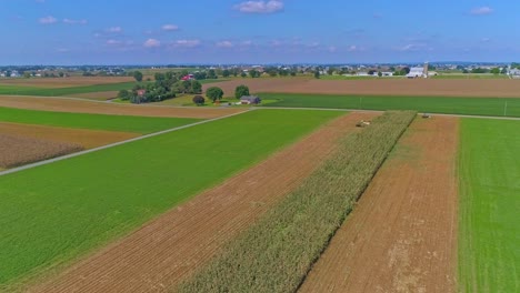 An-Aerial-View-of-Rural-America-of-Amish-Farmlands-With-Amish-Harvesting-the-Crops-on-a-Sunny-Summer-Day