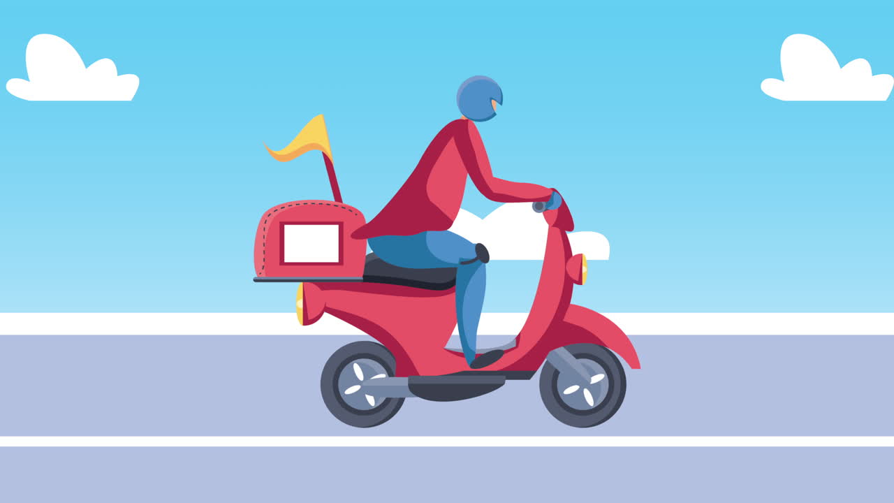 trabajador de servicio de entrega en motocicleta en la carretera animación