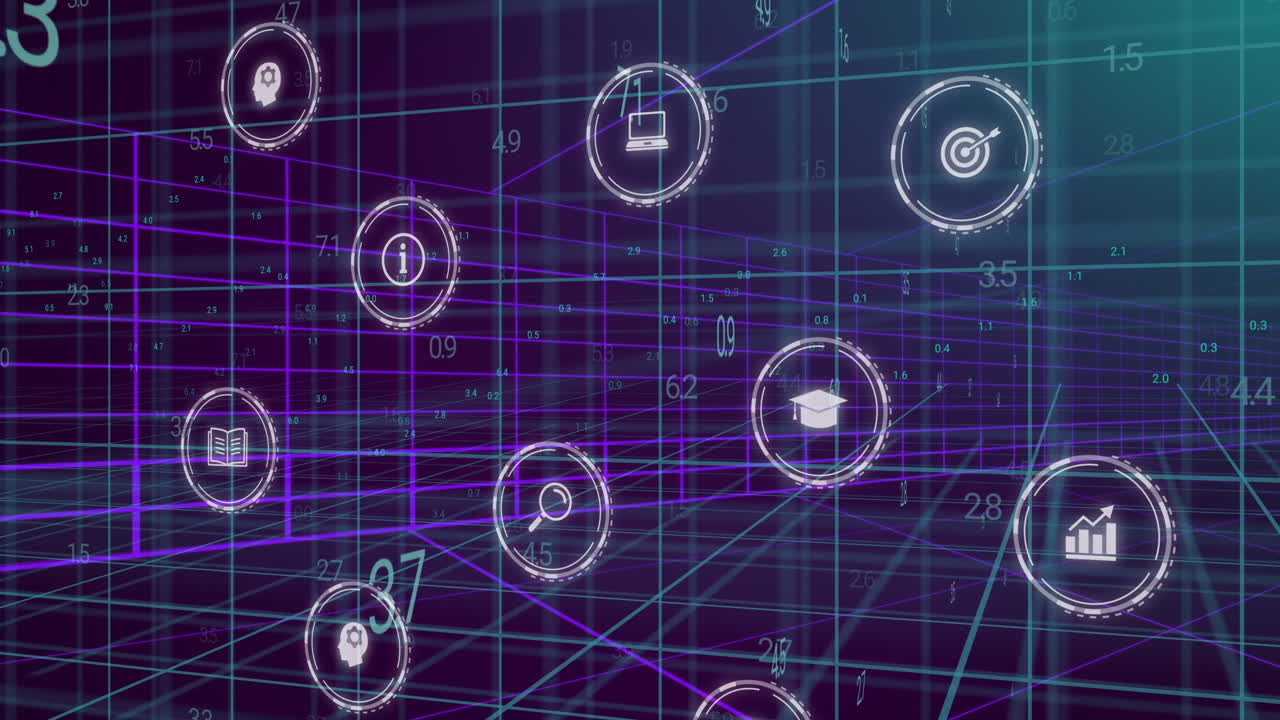 Animation of icons and data processing over blue background