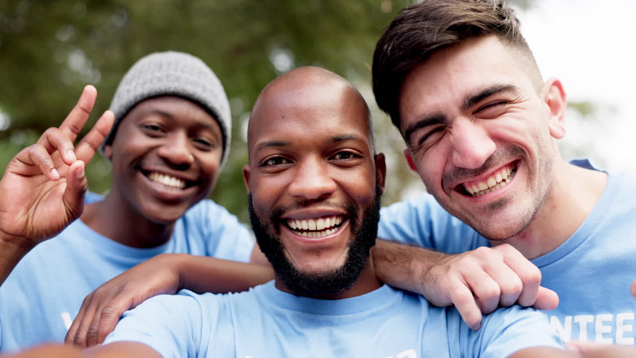 Happy group, volunteer and selfie in teamwork