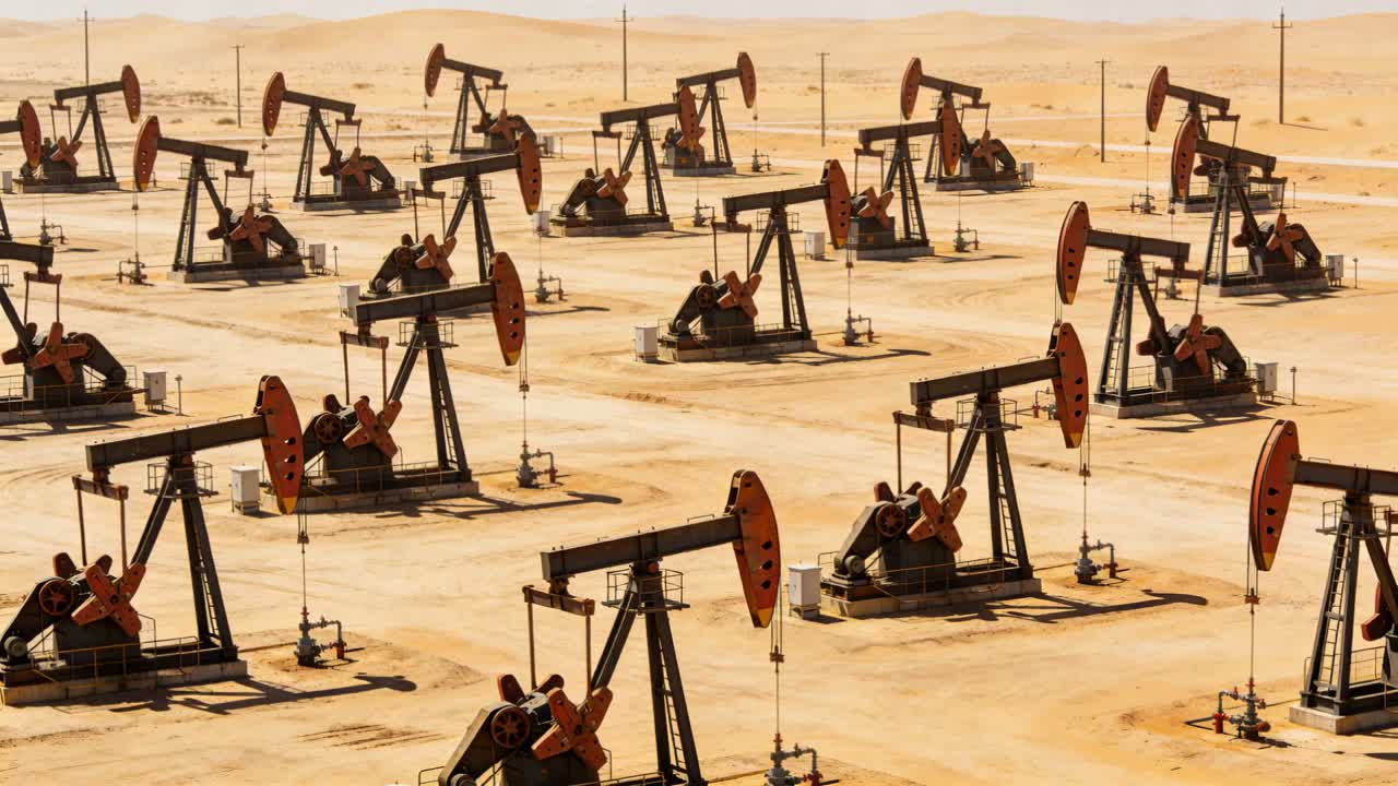 Sending power, utility poles powering pumpjacks nodding and pumping oil on desert plain