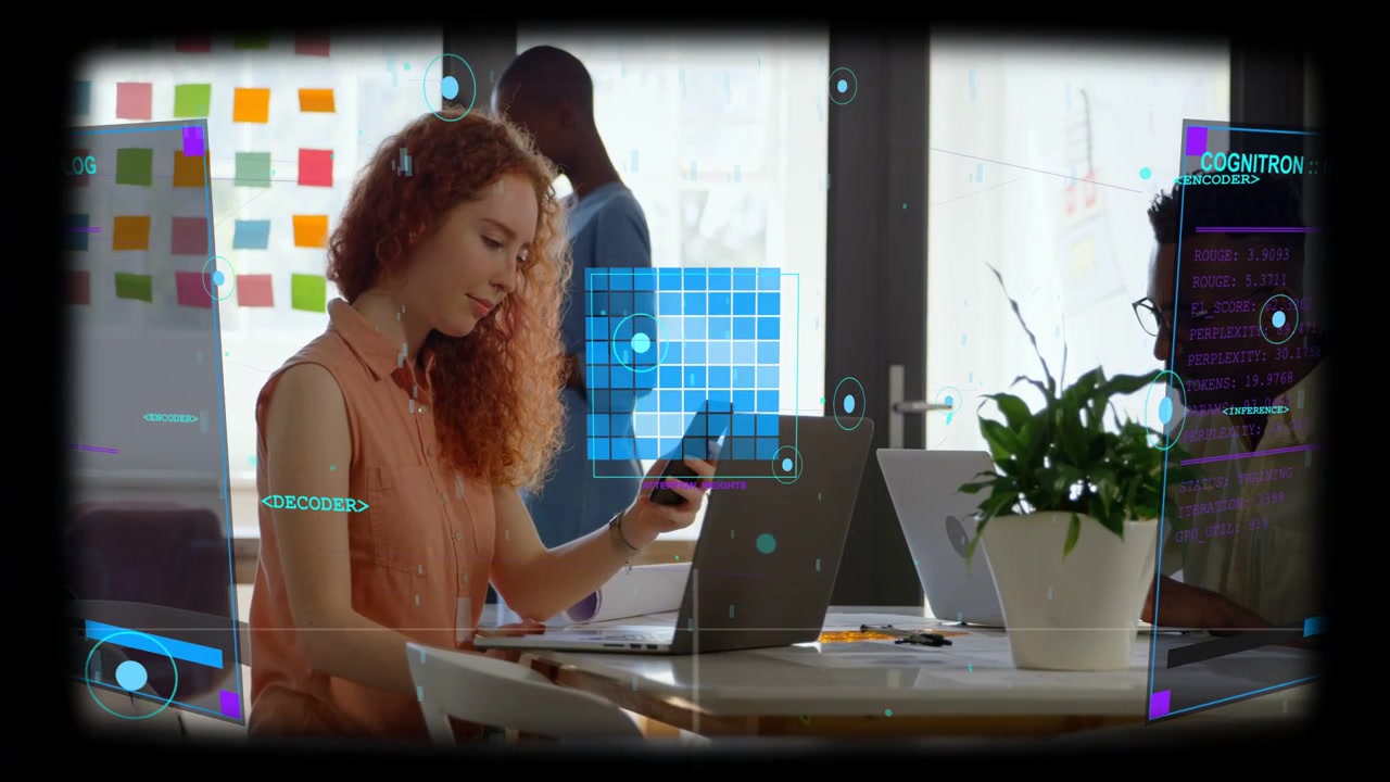 Seated red-haired woman tapping phone in open-plan office, showing AR panels aiding project review