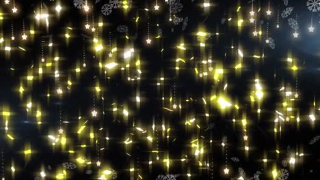 Animation-of-white-christmas-snowflakes,-glowing-stars-and-confetti-falling-in-night-sky