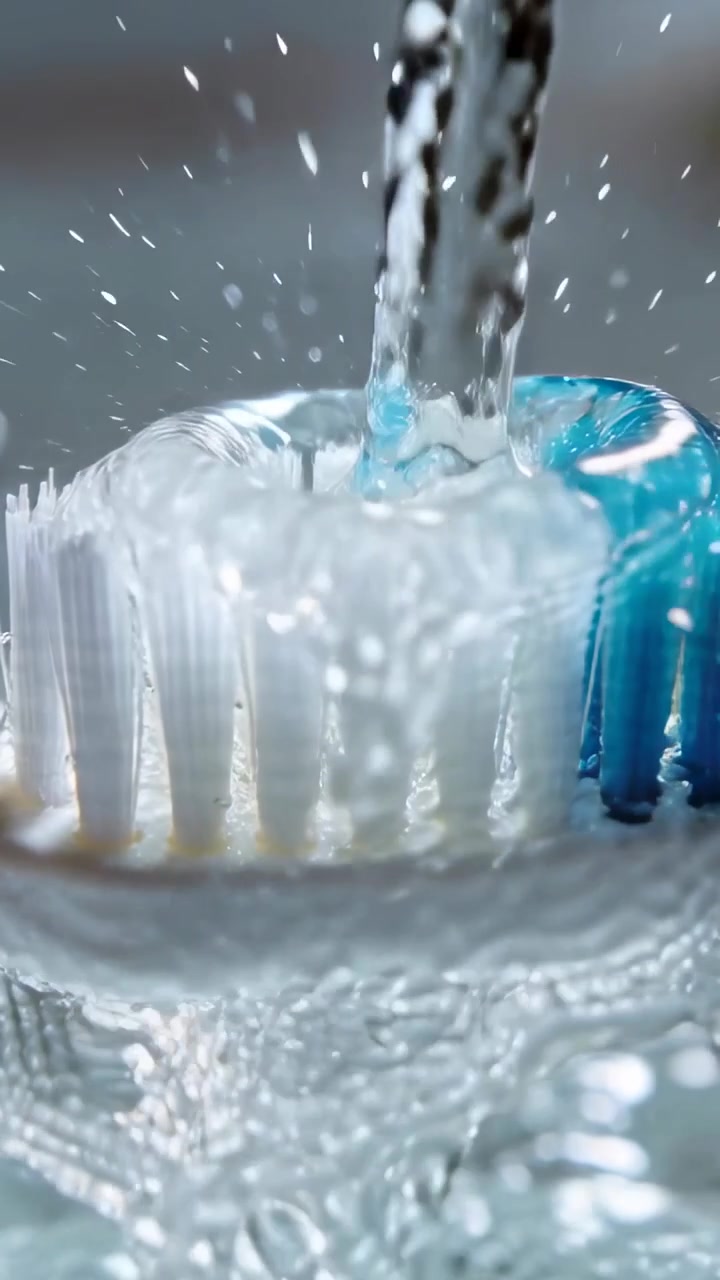 Video vertical: Chorro de agua cayendo golpeando el cabezal de un cepillo de dientes, enjuagando cerdas con puntas blanco-azuladas en el lavabo.