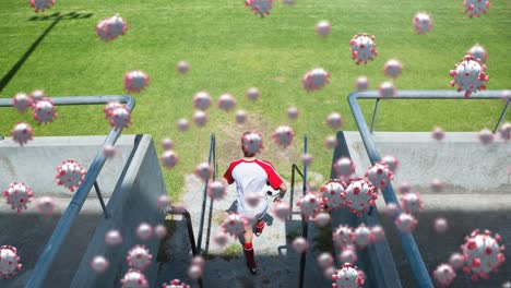 Covid-19-Zellen-Gegen-Mann,-Der-Auf-Dem-Sportplatz-Läuft