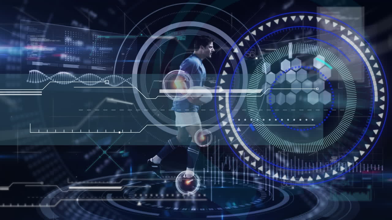 공을 들고 달리는 백인 남성 럭비 선수에 대한 데이터 처리 애니메이션