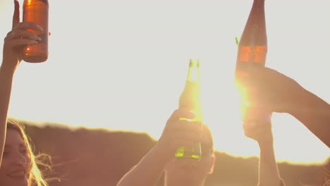 The-young-students-raise-their-hands-up-and-clink-glasses-of-beer-in-bright-glass-bottles-on-the-open-air-summer-party.-They-spend-time-cheerfully-and-carefree.