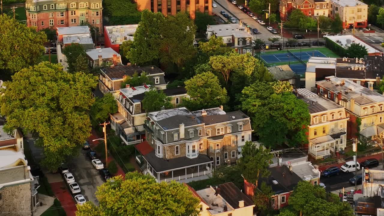 Aerial view of residential streets and green parks in Philadelphia