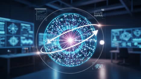 dynamic visualization of a rotating spherical energy field with data analytics and graphical representation of scientific concepts in a high-tech environment