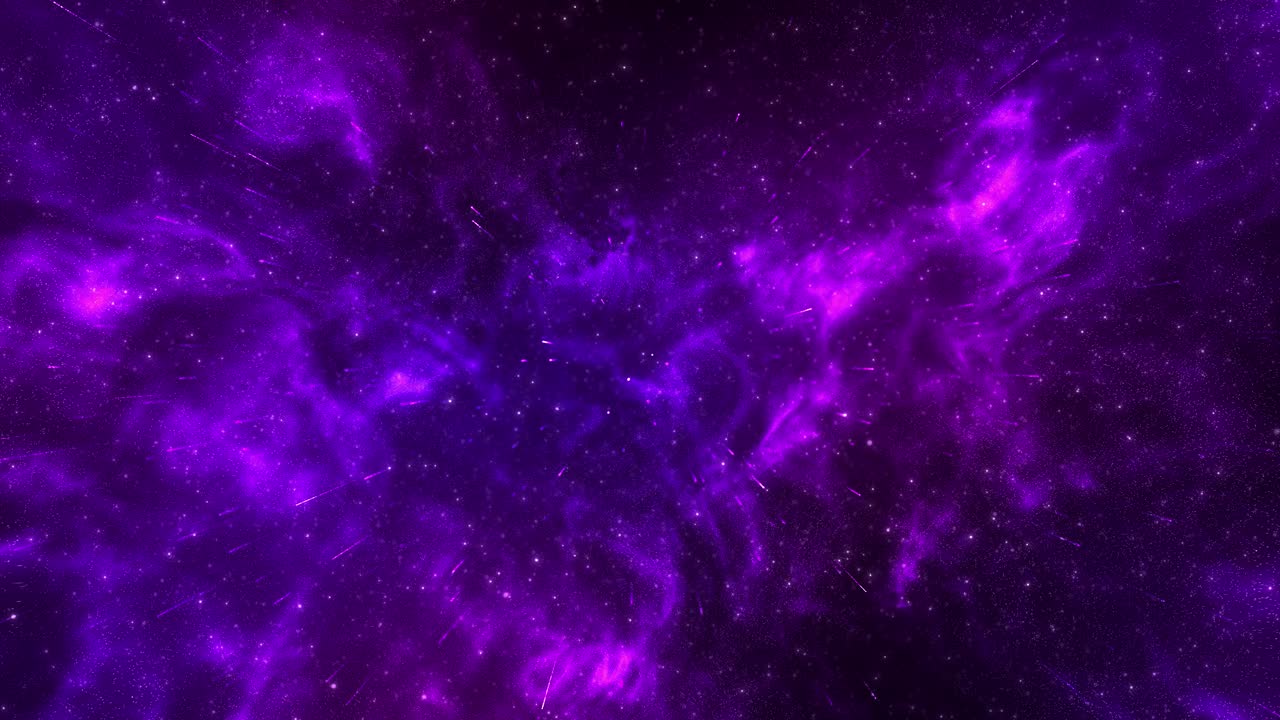 Animated purple nebula filled by glowing stars cosmic clouds streaking light trails creates deep