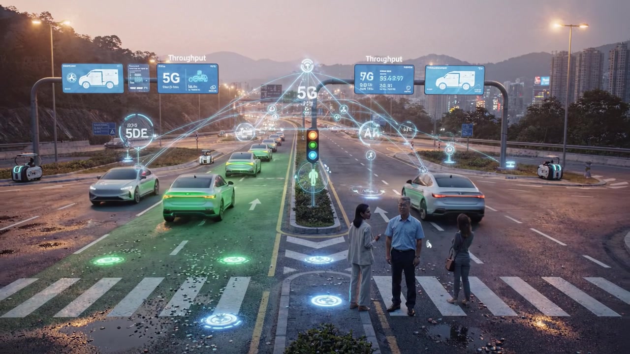 Futuristic Urban Intersection with Advanced Vehicle Technology, 5G Connectivity, IoT Integration, and Pedestrians Interacting in Smart Traffic Environment