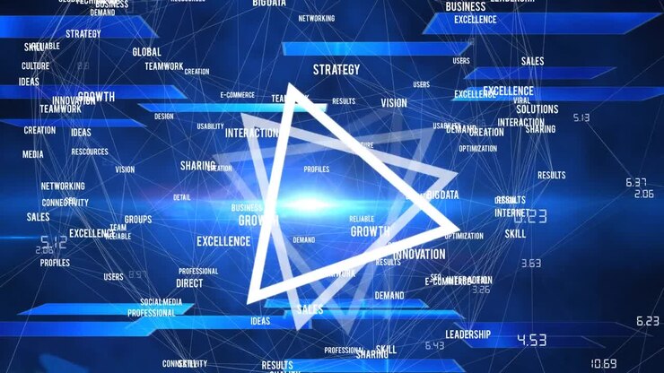 Animation of network of connections with rotating triangles over blue background