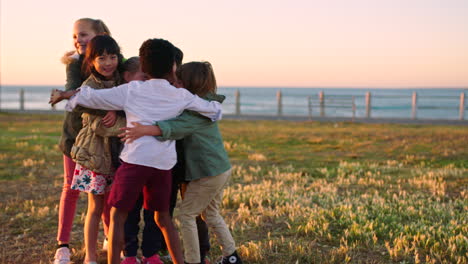 hug, holiday and friends at a park with support