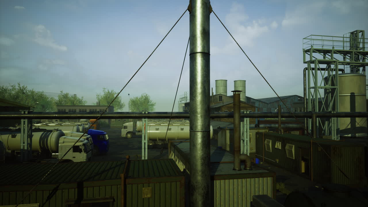 Industrial site with vehicles and structures under a cloudy sky