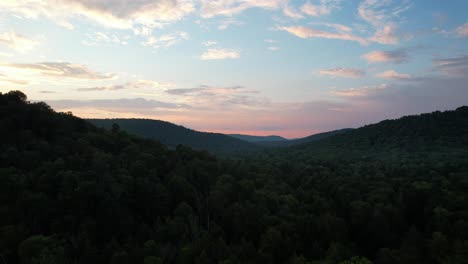 a panoramic shot of pine trees and distant mountains at sunrise, seen from bear rocks preserve, allegheny national forest