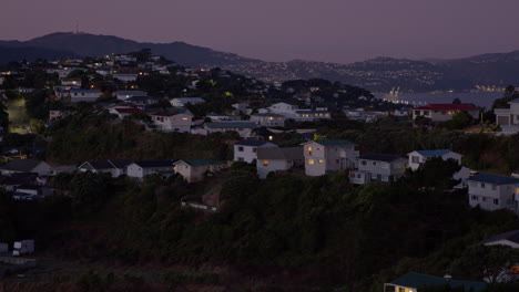 Residential-area-of-Wellington-at-dusk,-the-capital-of-New-Zealand