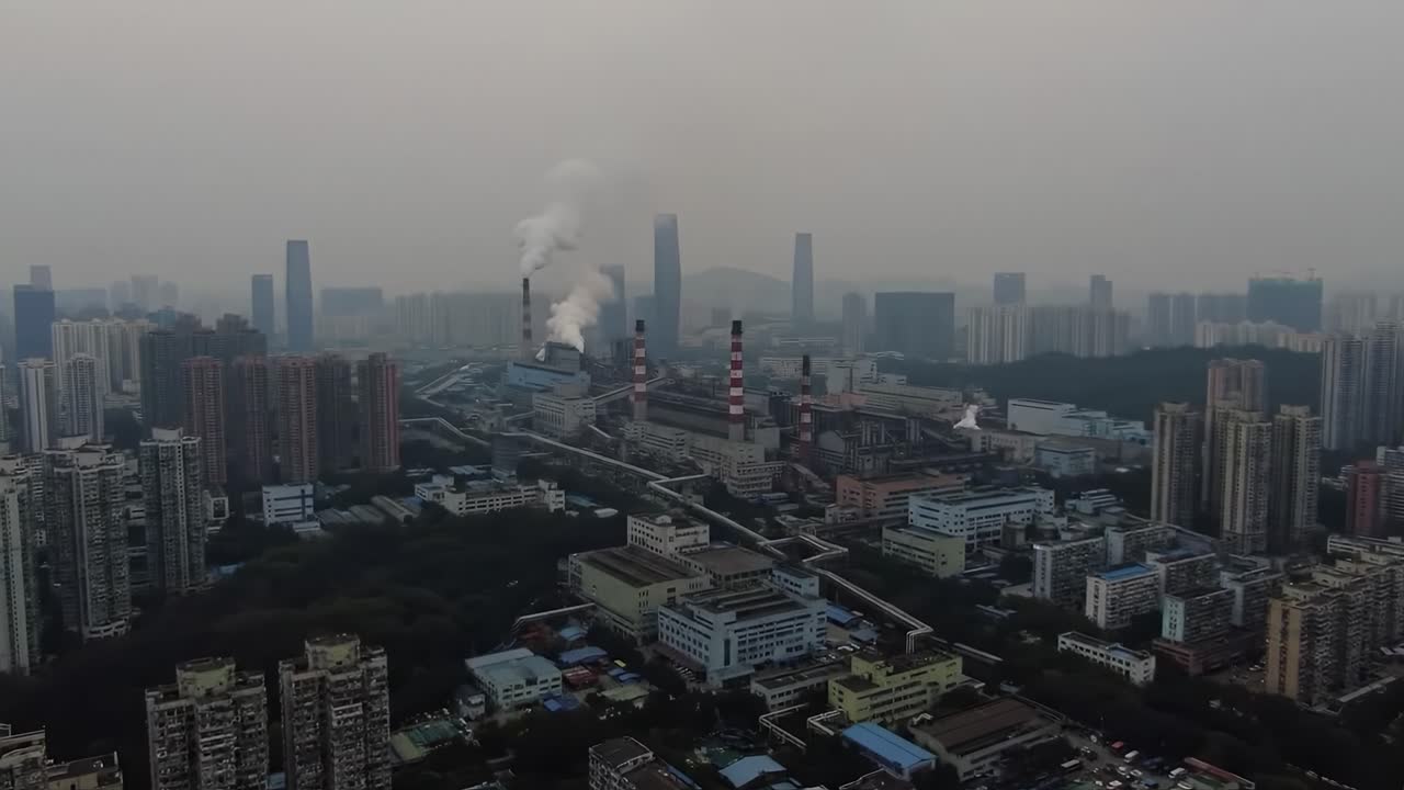 Pemandangan Udara Lanskap Kota Industri: Cerobong Asap dan Cakrawala Kota Menyoroti Kompleks Pabrik yang Luas di Tengah Suasana Berkabut
