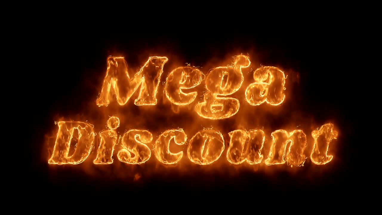 mega palabra de descuento animada caliente que quema el bucle de llamas de fuego realista.