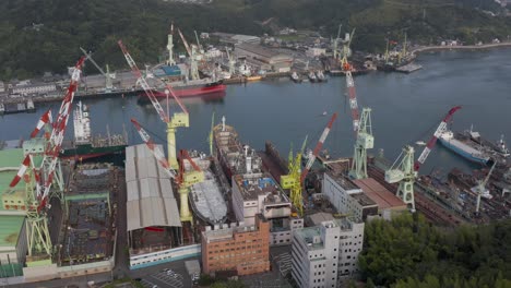 Shipyard-in-Imabari,-Ehime-Japan.-Aerial-Pan-Shot