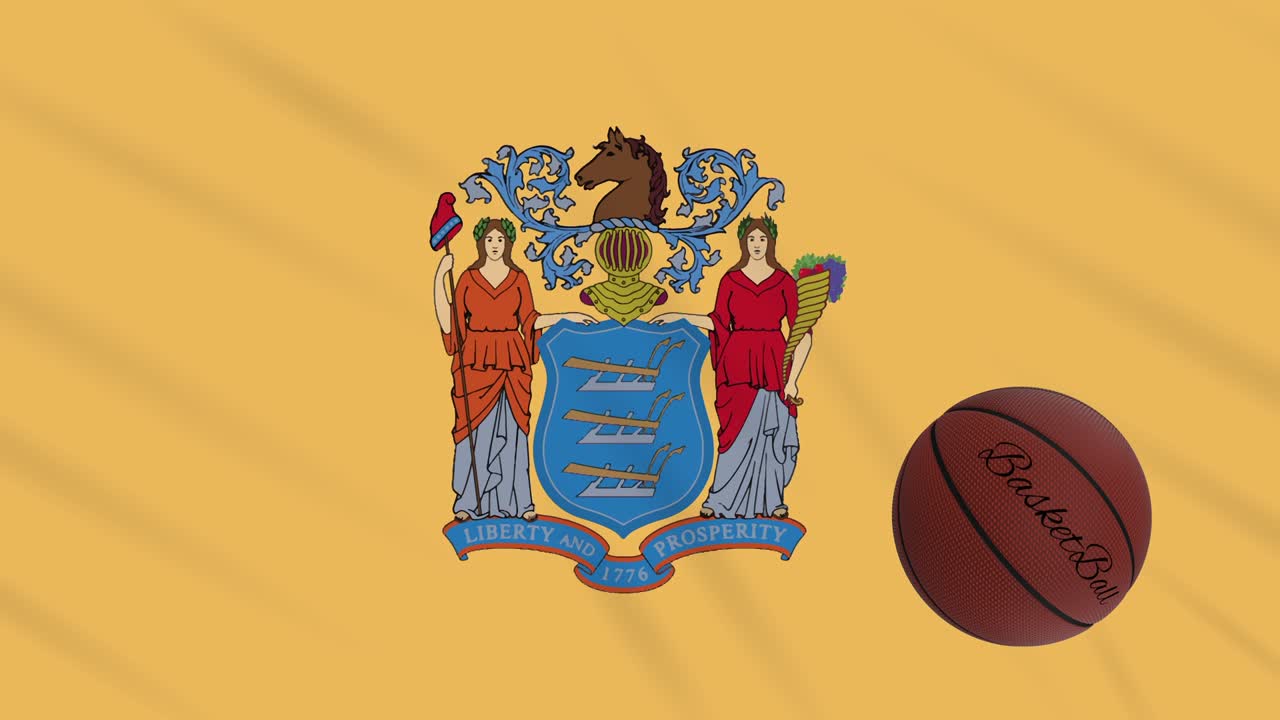 Bandeira de Nova Jersey tremulando e bola de basquete girando, em loop