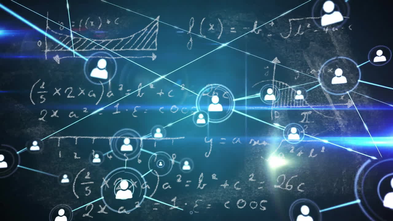 Mathematical equations and network connections animation over digital user icons