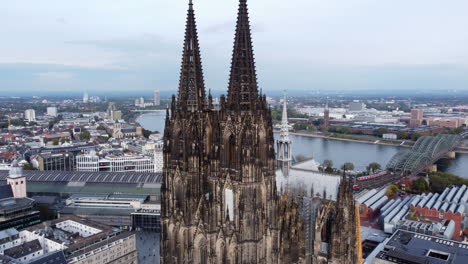 impressive architecture and twin-spires of cologne cathedral, drone push-in