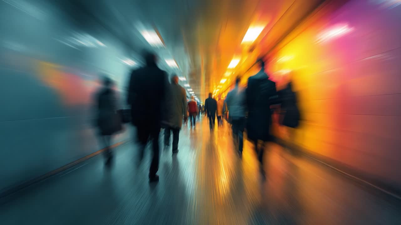 A Dazzling Passage: Captivating Blur of Movement in a Colorful Tunnel Filled with Silhouetted Pedestrians Amidst Vibrant Lights and Reflections