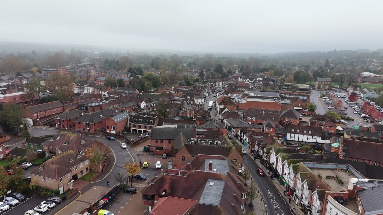Foggy overcast day Marlow UK town centre high street drone,aerial